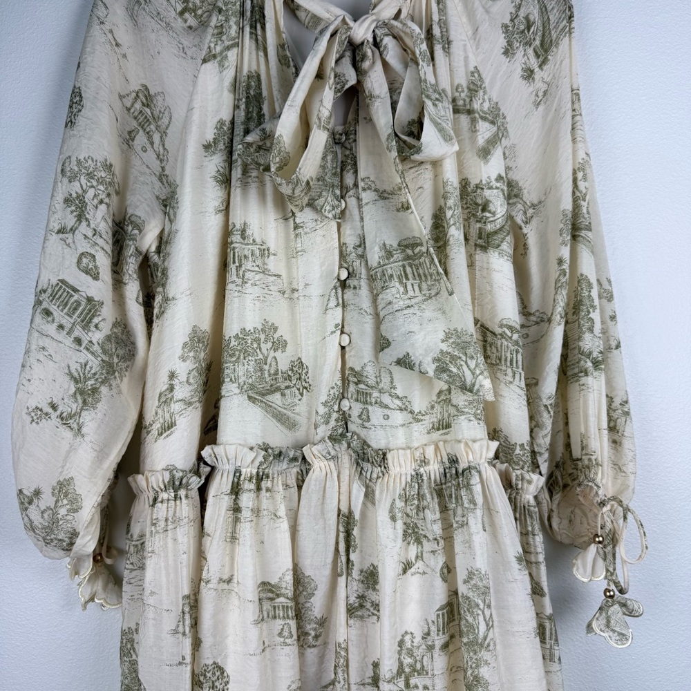 En Saison Cream Olive Leighton Toile Minidress Printed Long Sleeve Size Medium - Picture 8 of 16